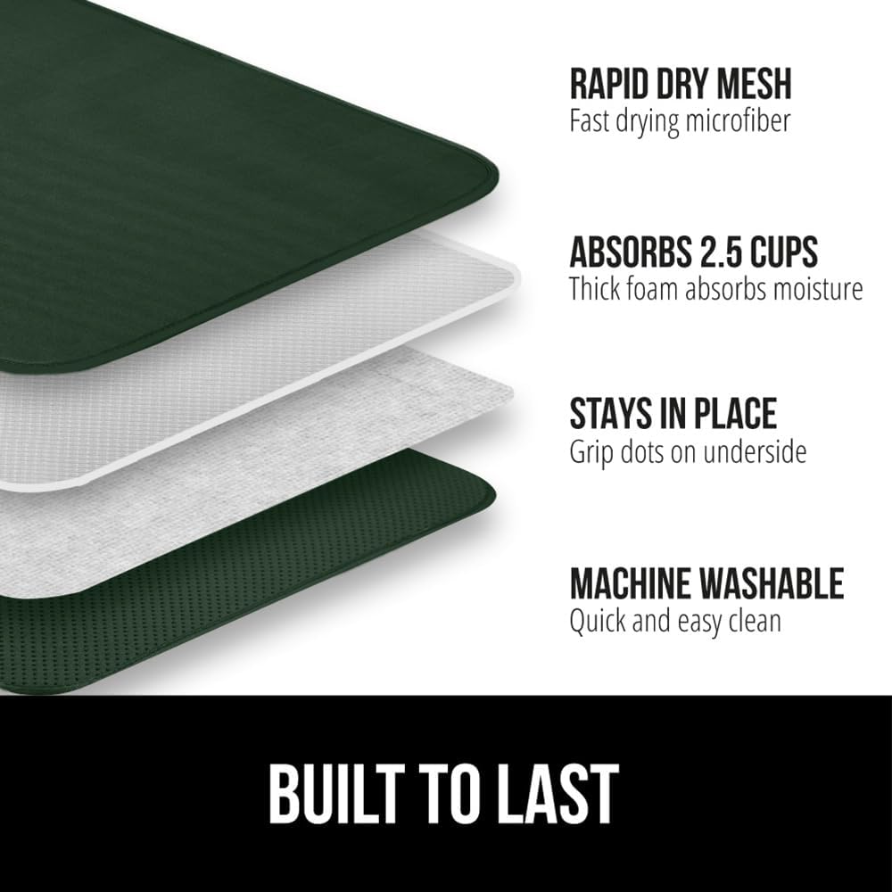 GORILLA GRIP Ultra Water Absorbent Microfiber Dish Drying Mat, Quick Dry Thick Mesh, Slip Resistant Pad for Sink Dishes or Under Rack, Kitchen Counter Accessories, 16x18, Machine Wash, Hunter Green