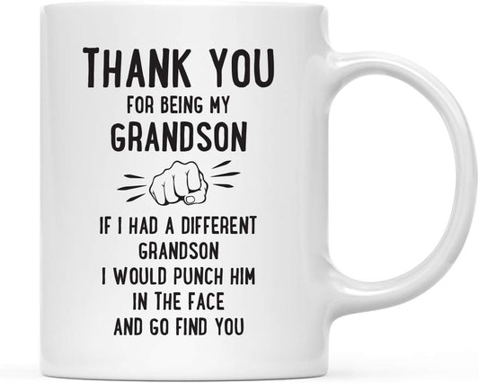 Andaz Press Funny Family 11oz. Coffee Mug Gift, Thank You for Being My Grandson, Punch in Face, 1-Pack, Christmas Birthday Drinking Cup Present Ideas
