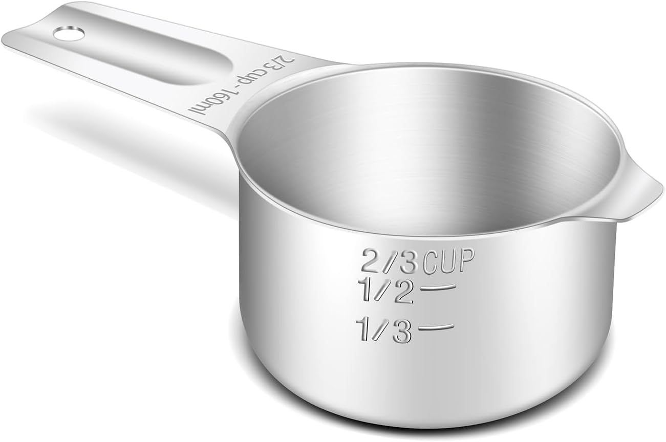 1PCS 2/3Cup (160ml, 5.3oz) Single Measuring Cup, Stainless Steel Measure Scoop, Metric and US Measurement, Heavy Duty, Dishwasher Safe