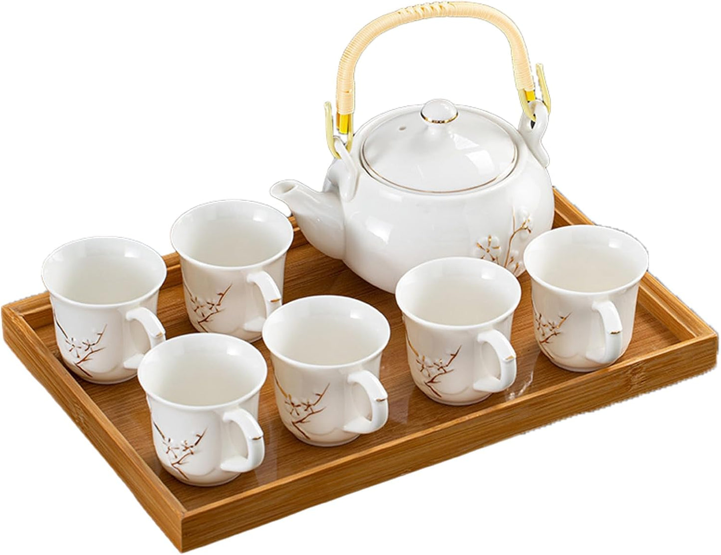KEYDUACU Japanese Tea Set, White Ceramic Tea Set, Plum Blossom Embossed, Includes 1 Teapot, 6 Anti-scald Teacups,Tea Tray,Strainer, Used for Home, Outdoor, Gift, Chinese Kung Fu Tea Set(FDMH-FT-WHITE)
