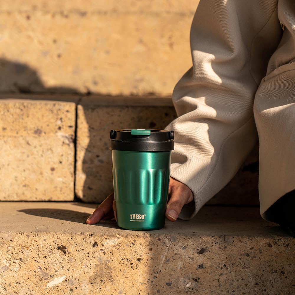 TYESO Stainless Steel Portable Tumbler with Flip Lid,Travel Mug with Concealed Carry Handle, Leakproof Insulated Coffee Cup (ROSE GOLD, 13 OZ)