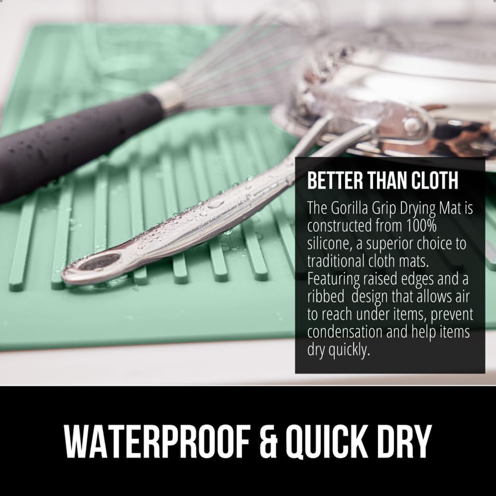 GORILLA GRIP 100% BPA-Free Patented Silicone Dish Drying Mat for Kitchen Counter, 18x24 Inch, Water Catching Ribbed Design, Easy Clean Waterproof Sink Liner, Heat Resistant, Fits Under Rack, Mint