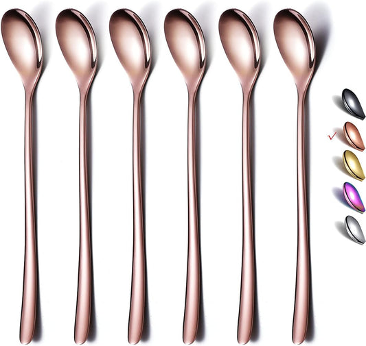 Premium Rose Gold Set of 6 Stainless Steel Long Handle Stirrers and Spoons for Coffee, Ice Tea, Ice Cream, Cocktails