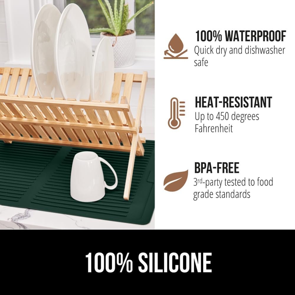 GORILLA GRIP 100% BPA-Free Silicone Dish Drying Mat for Kitchen Counter, 18x24, Quick Dry, Water Catching Ribbed Design, Easy Clean Waterproof Sink Liner, Heat Resistant, Fits Under Rack, Hunter Green