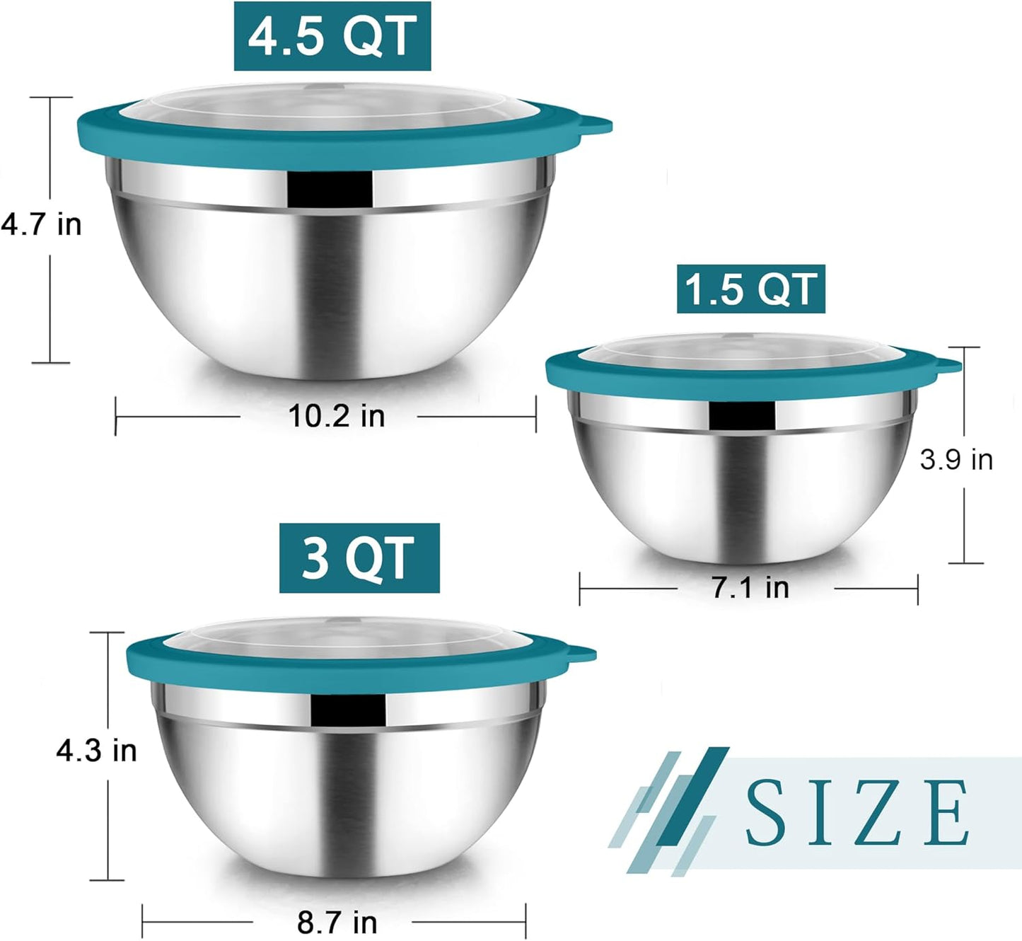 TeamFar Mixing Bowl Set, 4.5/3/1.5 QT Stainless Steel Nesting Salad Bowls with Airtight Lids, For Serving/Mixing/Storing/Prepping, Non-Toxic & Sturdy, Visible & Easy Clean, Dark Blue, Set of 3