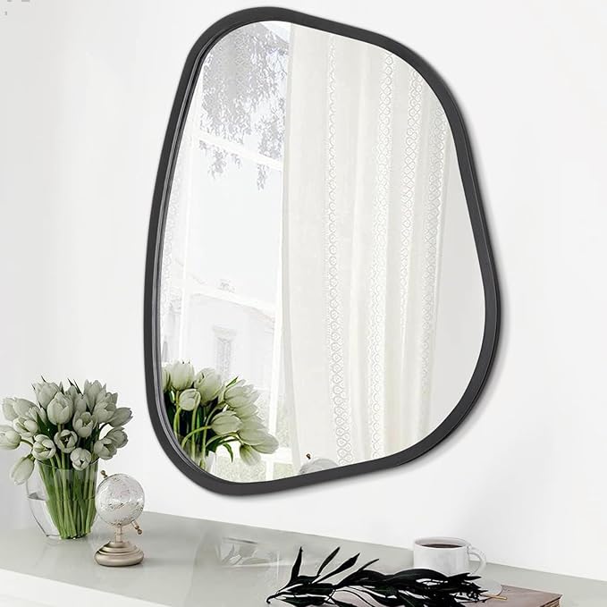 Black Asymmetrical Wall Mirror Large 20"x16" Irregular Oval Mirror Modern Wood by HLFMVWE