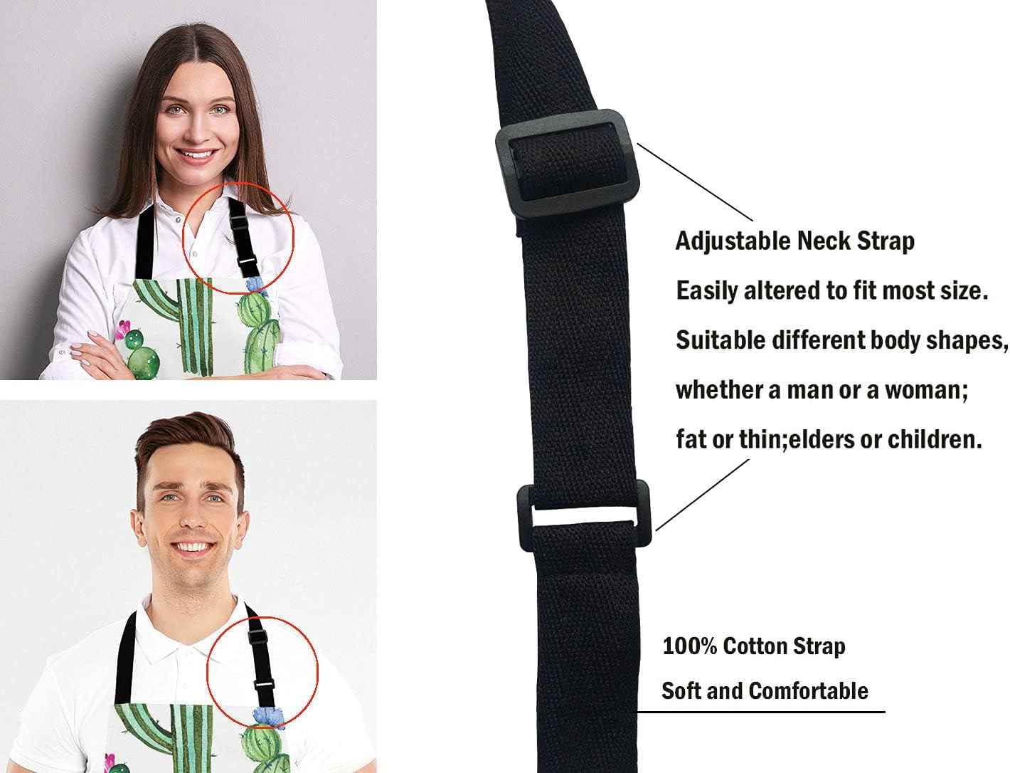 Cactus Adjustable Bib Apron, Tropical Watercolor Cactus Plants Cooking Kitchen Apron for Men Women