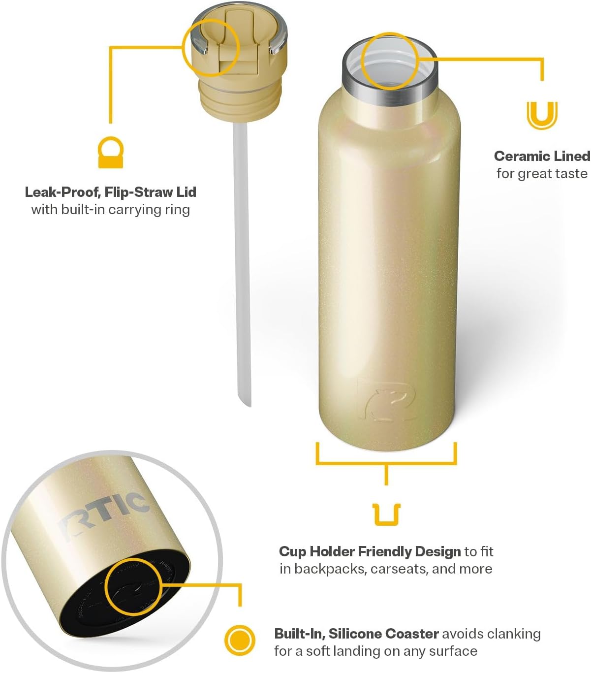 RTIC 20oz Journey Bottle Metal Stainless Steel Vacuum Insulated, BPA Free, Reusable, for Water, Hot and Cold Drinks, Travel, Sports, Camping, Sunlight Glitter