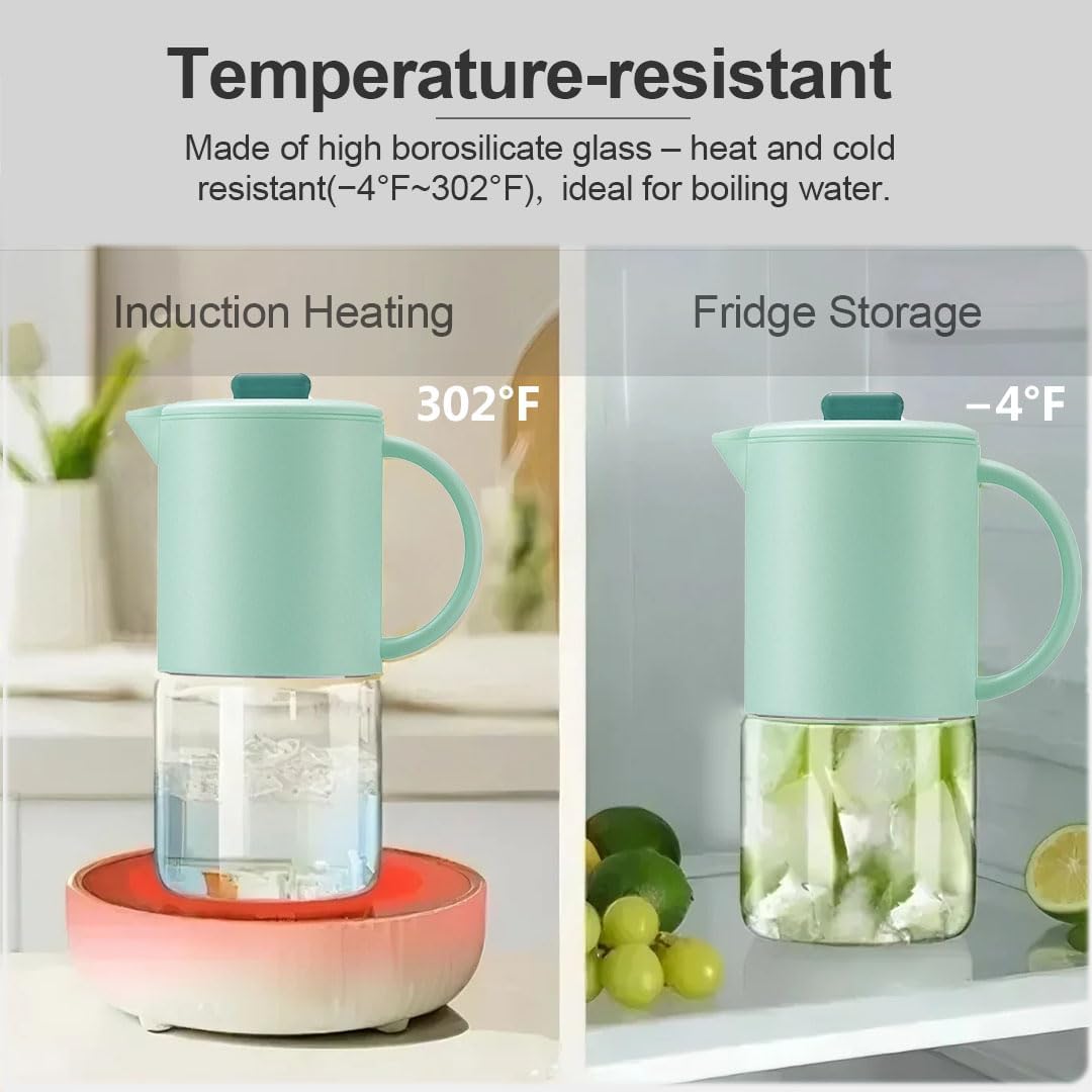 Delove Borosilicate Glass Pitcher with Lid & Auto Spout – Shatterproof Plastic Shell, Wide Mouth Design – 62 oz (1.9 Quart) Jug for Boiling Water, Iced Tea, Juice & Cold Brew Coffee (2, Light blue)