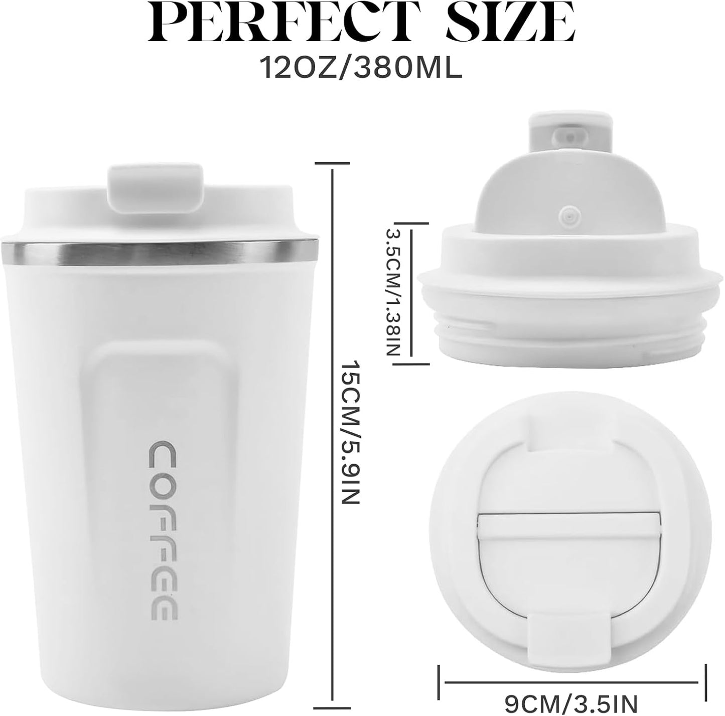 YINBAOGE Insulated Travel Coffee Mug Spill Proof Leak Proof Pobtable To Go Camping Stainless Steel Coffee Tumbler Reusable Coffee Cups with Lids Thermos for Hot and Cold Drink (2nd-White, 12 OZ)