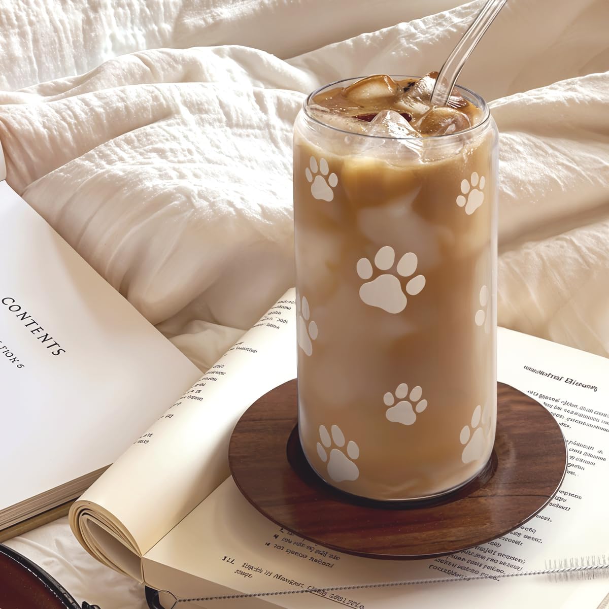 Paw Print 16oz Can Glass Tumbler with Acrylic Lid & Straw - Iced Coffee Cup for Women Cat Dog Mom, Aesthetic Cups Gifts for Birthday Christmas