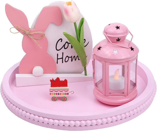 Pink Round Wood Decorative Ottoman Tray for Coffee Table Kitchen Counter, Living Room, Handcrafted Wooden Serving Tray for Table Centerpiece