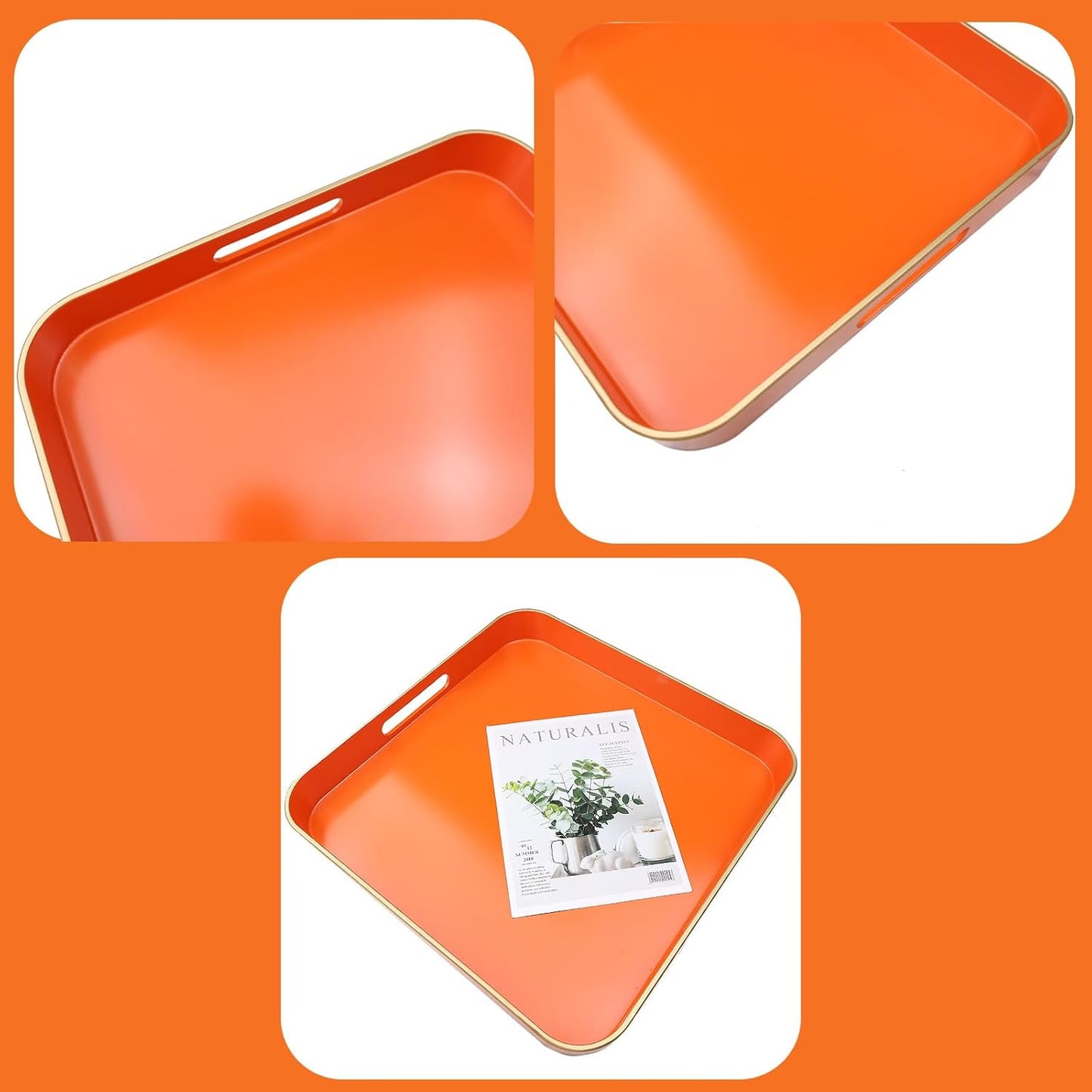 Orange Square Decorative Tray with Handles, 13"*13" Versatile Serving Tray for Coffee Table, Ottoman, Ideal for Serving, Displaying, Organizing