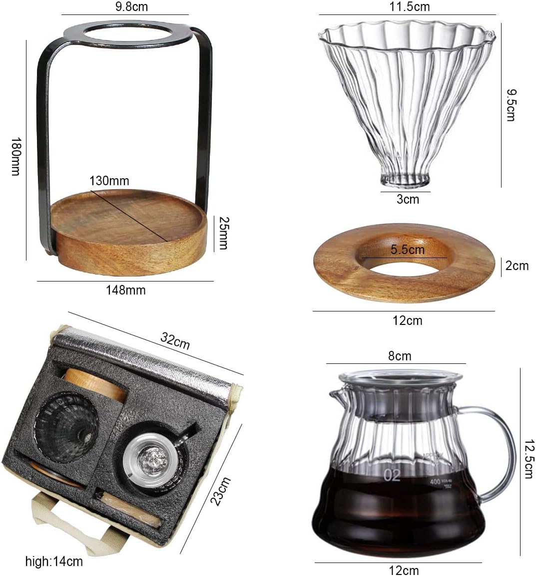 SOTECH Pour Over Coffee Station Dripper Stand Coffee Filter Wooden Filter Holder Glass Server with Paper Coffee Filters, Coffee Maker Stand Set for Coffee Tea and Saffron