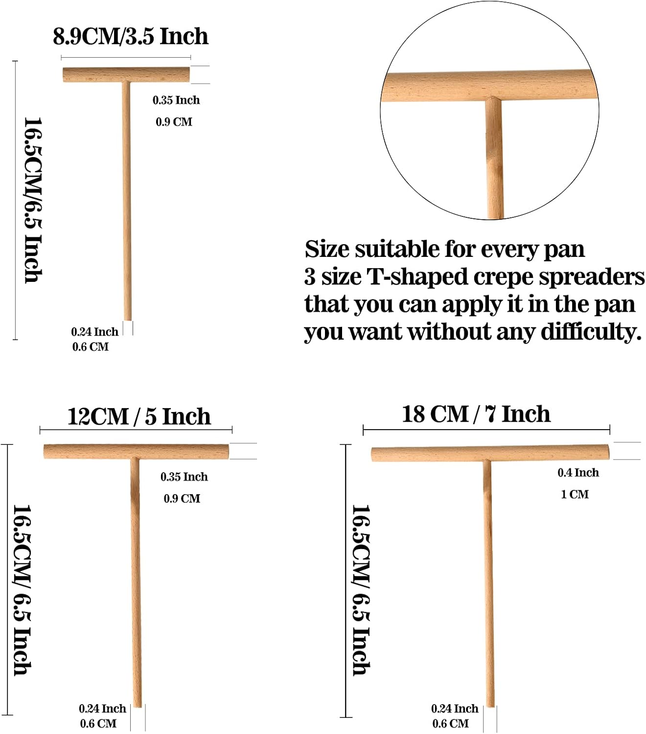 Crepe Spreader and Spatula Kit, 3.5 Inch, 5 Inch, 7 Inch T-Shaped Batter Spreaders & 13.4 Inch Spatula Turner, Pancake Tool, Natural Wood Material Crepes Sticks Fit Any Crepe Pan Maker, Pack of 4