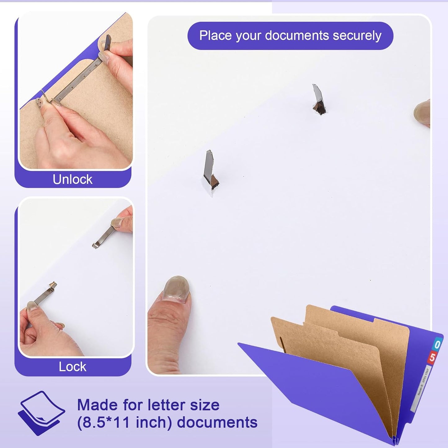 24 Pcs Classification Folders Letter Size, Back to School Supply for Teacher, Student, 2 Dividers Pressboard File Folder Bulk with Fasteners, 3.5 Inch Expanding File Organizer(Purple)