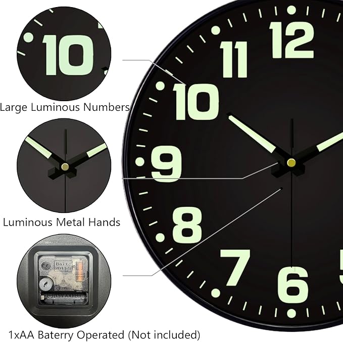 Glow in The Dark Wall Clock Non Ticking, 10 inch Silent Wall Clocks Battery - Image 8