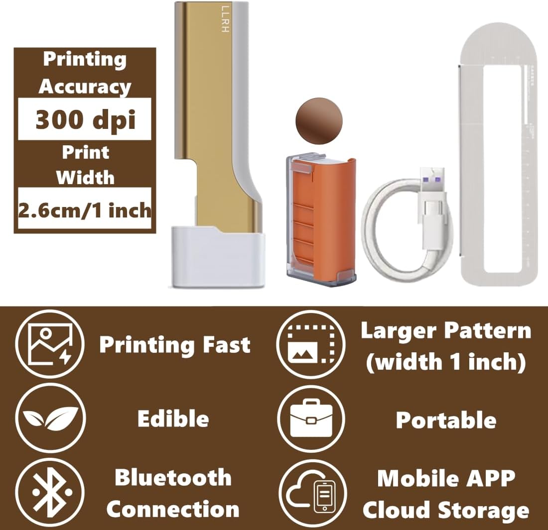 LLRH Latte Art Food PrintPen DIY Image for Coffee Beer Cocktails Macaron Cookie, Bluetooth, for Home, Small Shops (Brown)