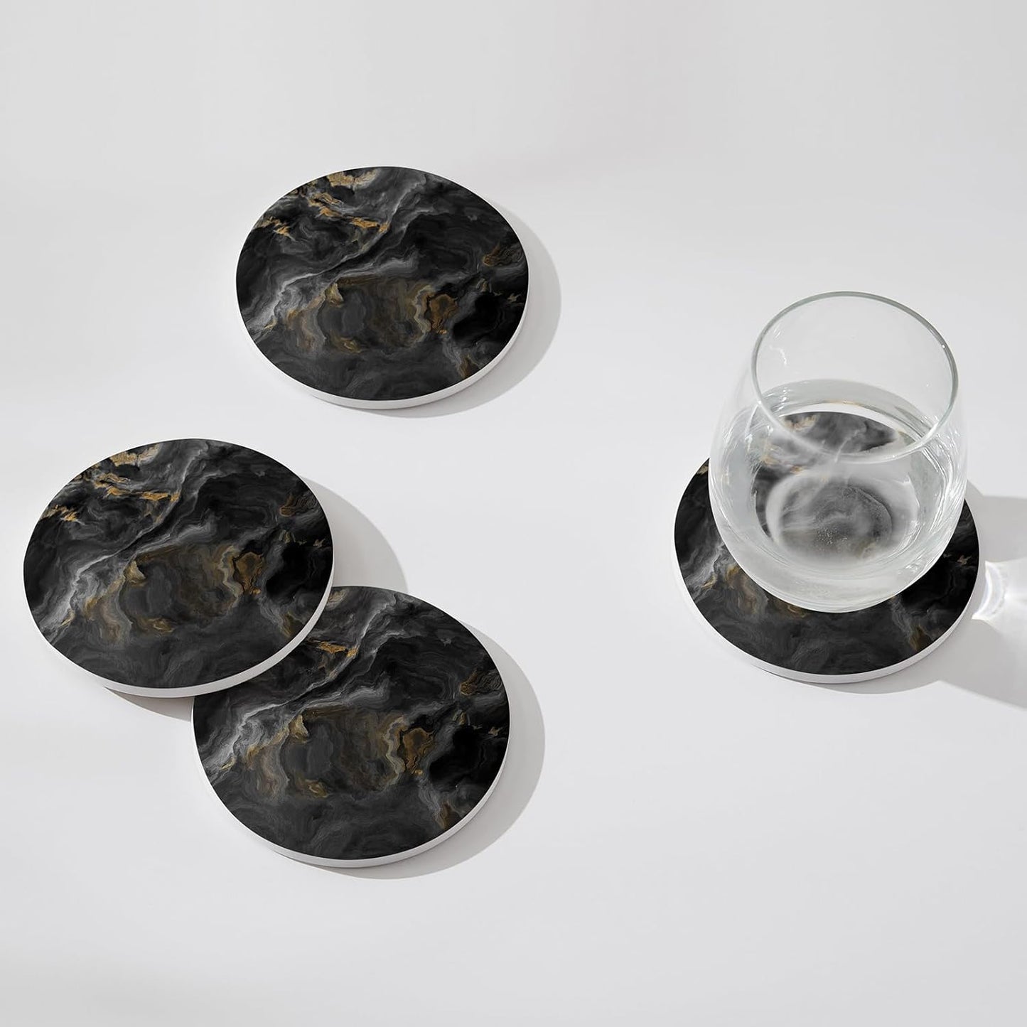 Set of 6 Abstract Black Marble Coasters with Holder, Absorbent Ceramic Coasters for Drinks, Coasters with Cork Backing for Table Protection, Housewarming Gifts for New Home