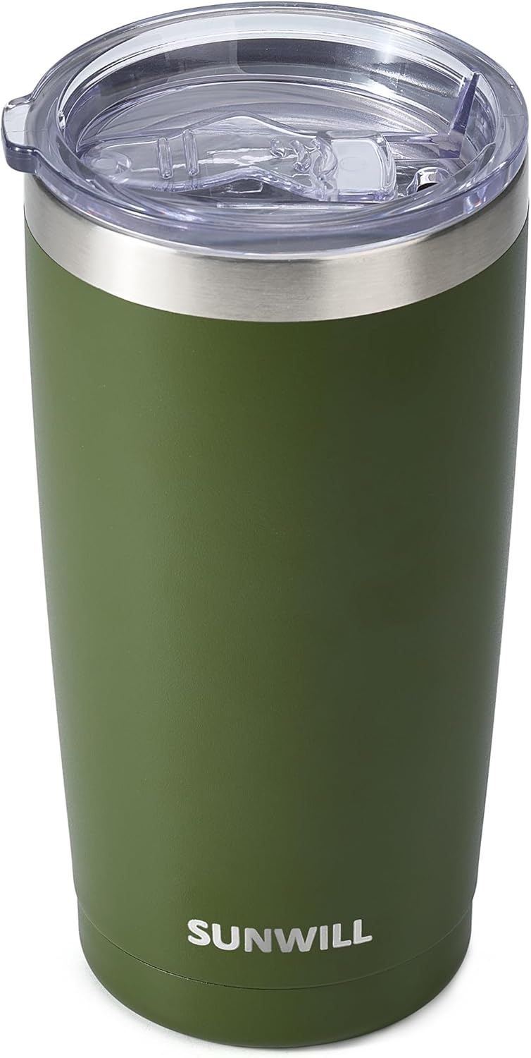 SUNWILL Travel Coffee Tumbler 20 oz, Insulated Mug with Lid, Stainless Steel Cup for Outdoor, Powder Coated Olive