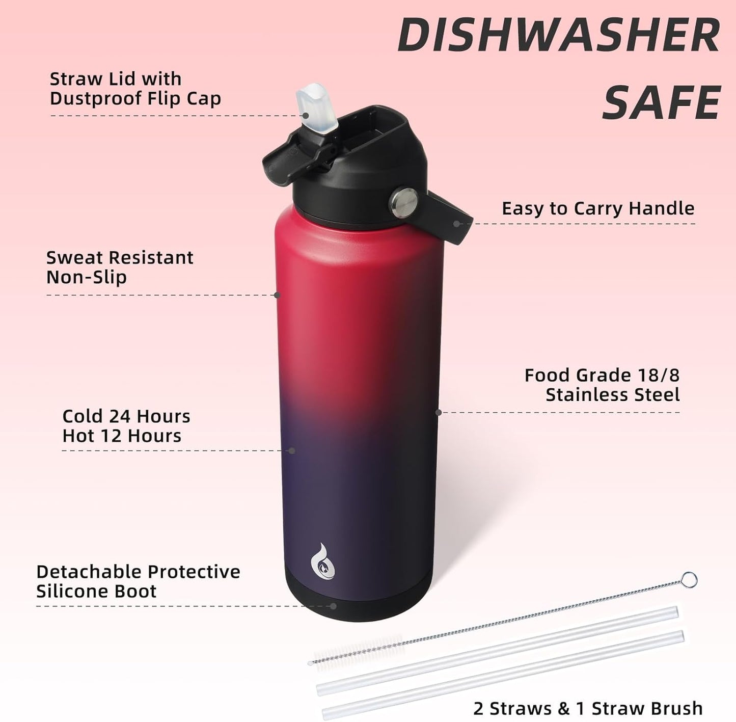 BJPKPK Insulated Water Bottle with Straw Lid, 40oz Large Thermos, BPA Free Leak Proof Stainless Steel Metal Water Bottles, Tumblers, Cups, Flasks for Travel, Sports,Charming Red