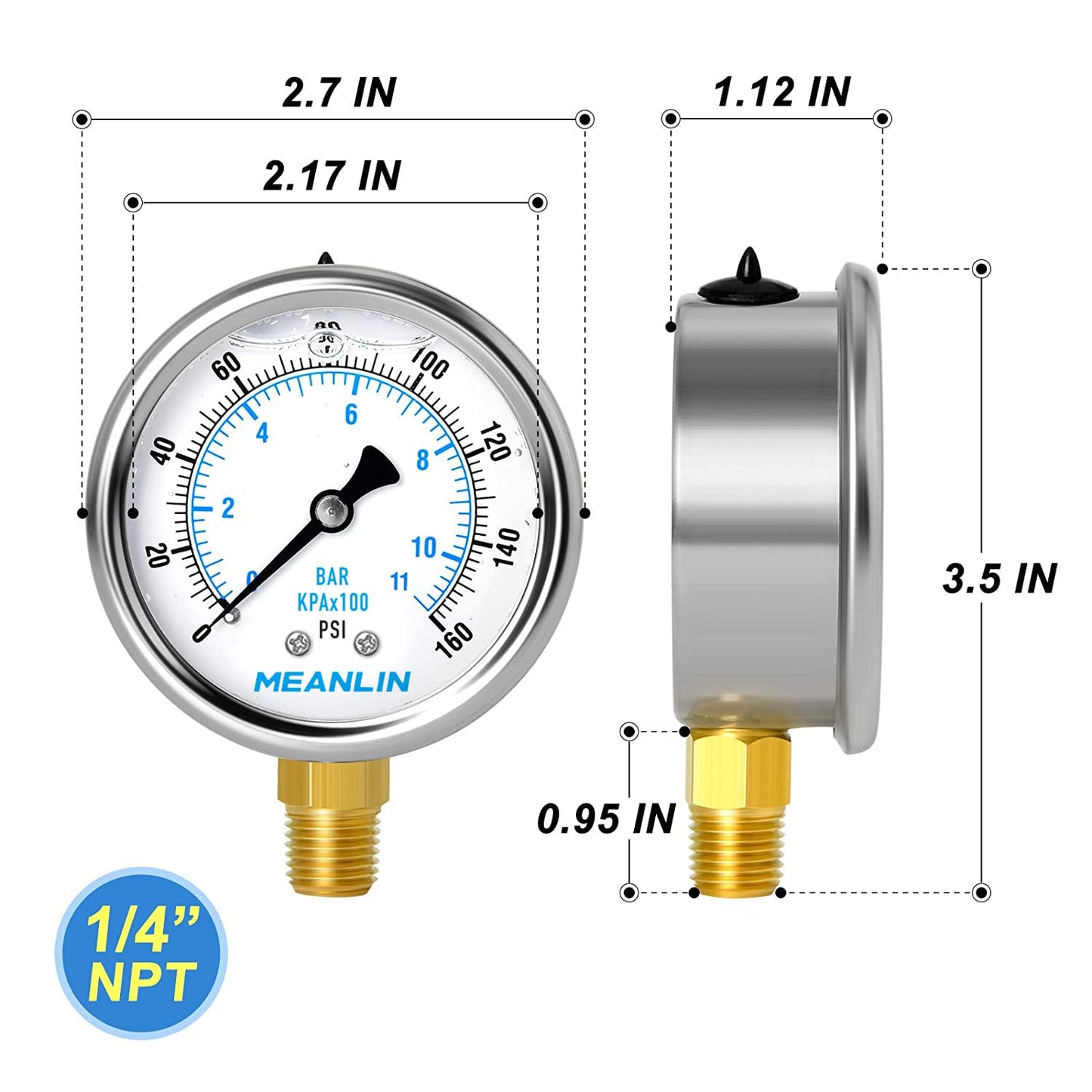 MEANLIN MEASURE 0~160Psi Stainless Steel 1/4" NPT 2.5" FACE DIAL Liquid Filled Pressure Gauge WOG Water Oil Air Lower Mount (Pack of 2), with 1/2" NPT and 3/8" NPT Hex Bushing
