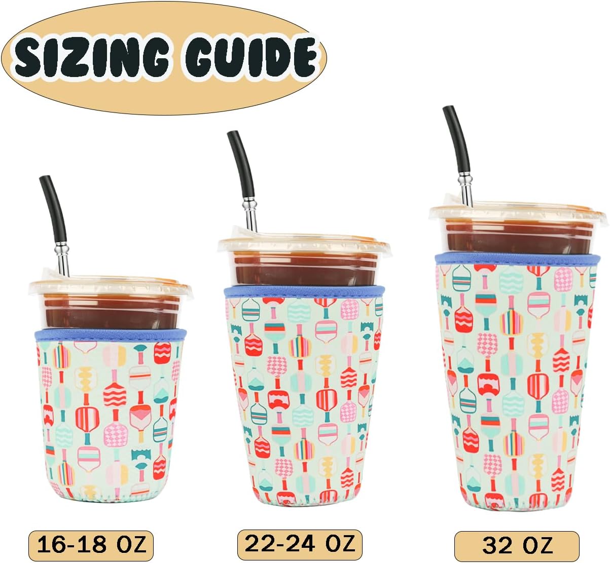 Reusable 3-Pack Iced Coffee Cup Sleeve, Insulated Neoprene, Beverage Holder for Iced Coffee, Durable Drink Sleeve for Cold Beverages, Pickleball Play