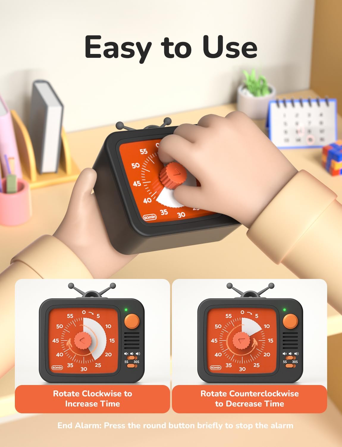 LIORQUE Visual Timer for Kids, 60-Minute Countdown Timers for Classroom Office Kitchen with Silent Operation, Kids Timer for Teaching with Cute Design