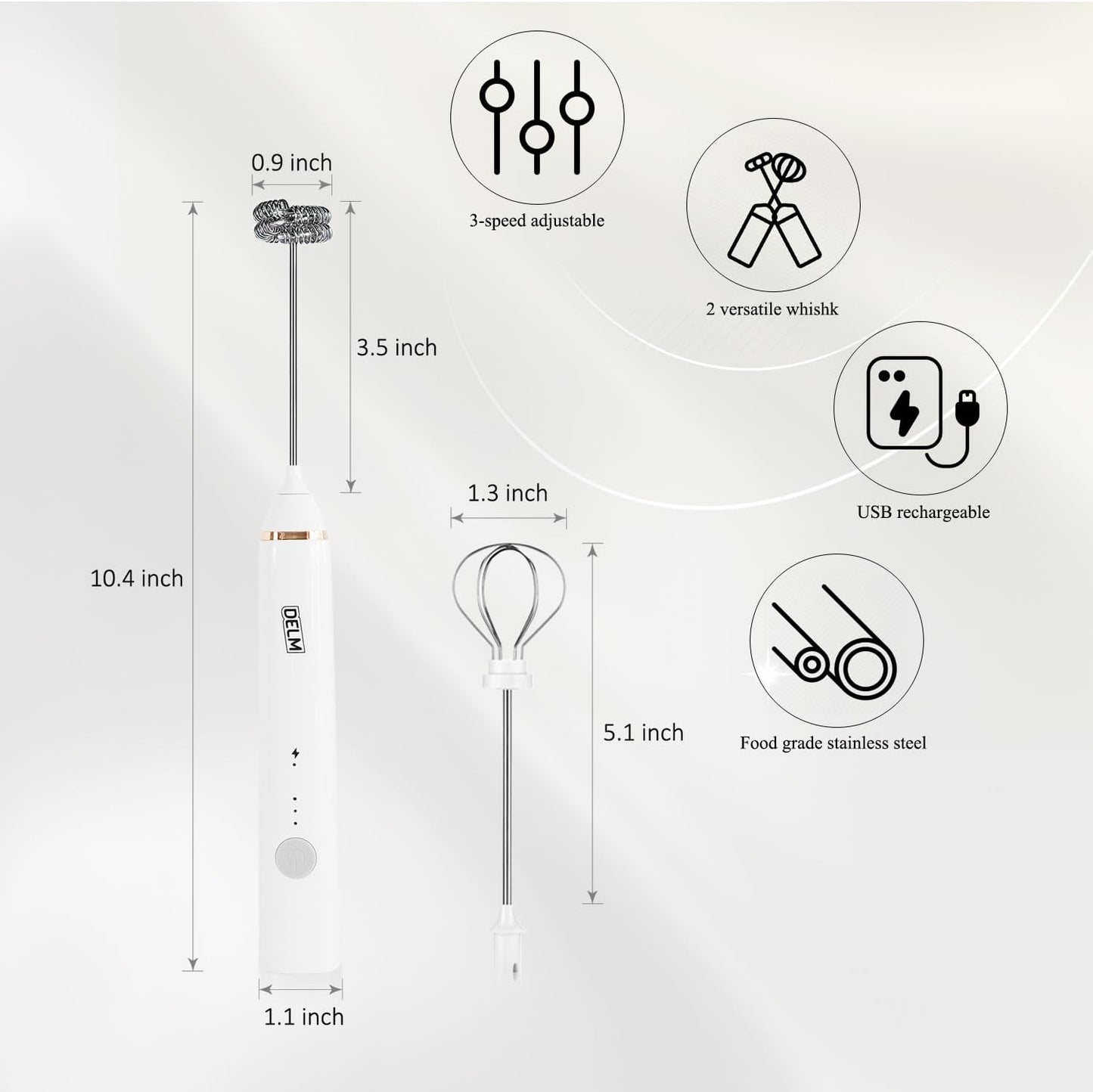 Delm Milk Frother Electric USB Stainless Steel Accessory - Frother Wand Foam Maker for Lattes - Milk Frother Handheld for Cappuccino, Frappe, Matcha, Hot Chocolate - Frother for Coffee (white)