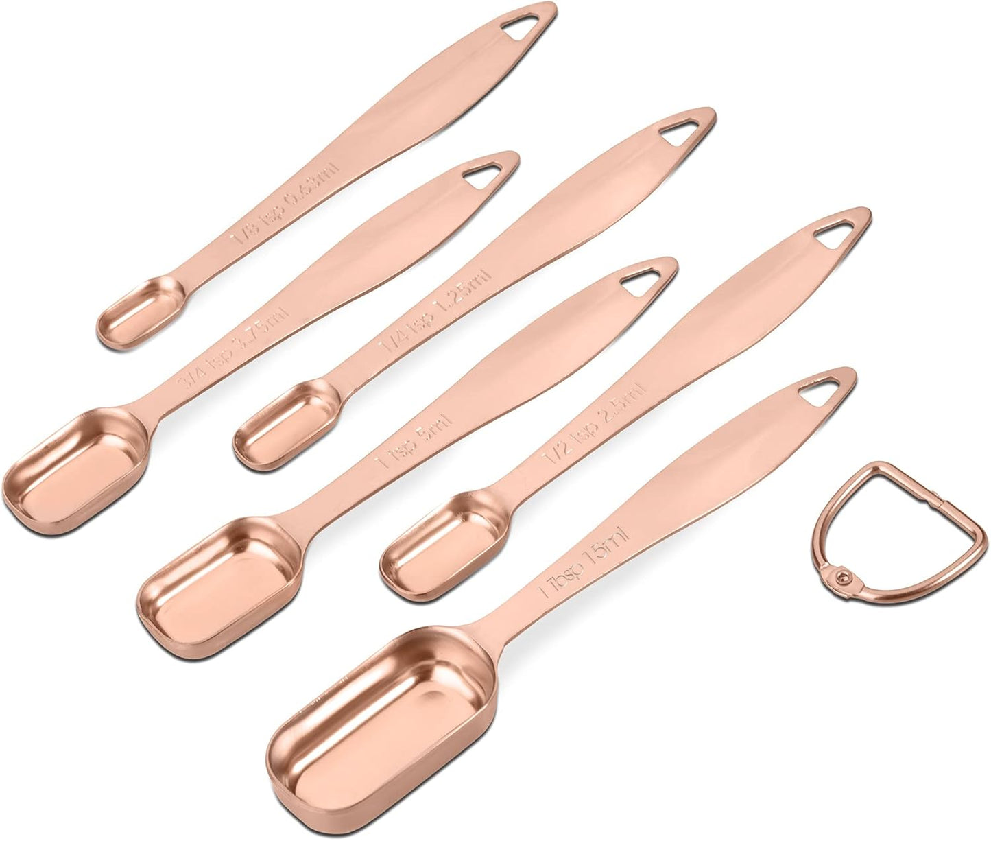 Accurate 18/8 Stainless Steel Measuring Spoons, Heavy Duty Good Handle Set of 6 Measuring Spoon with Ring Connector, Rose Gold
