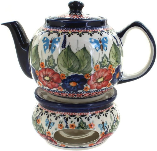 Blue Rose Polish Pottery - Red Floral Butterfly Teapot with Warmer - 4 Cup Teapot - Hand-Painted Polish Pottery Coffee & Tea Service