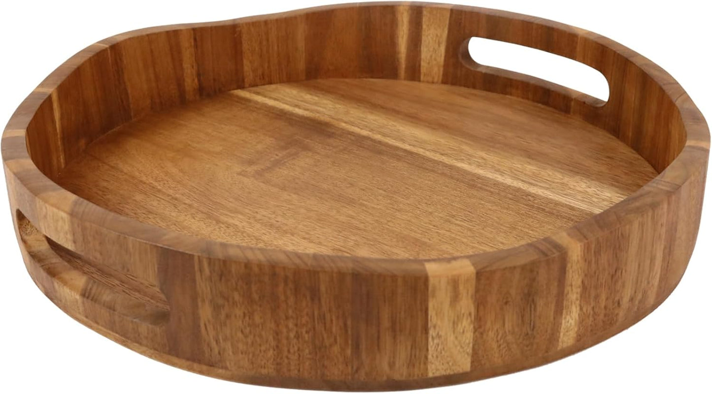 Acacia Wood Serving Tray with Handles, Round-12.6inch Perfect for Breakfast, Lunch, Dinner, Food Snacks Drinks for Coffee Table,Decorative Ottoman Tray for Living Room Kitchen, Bedroom