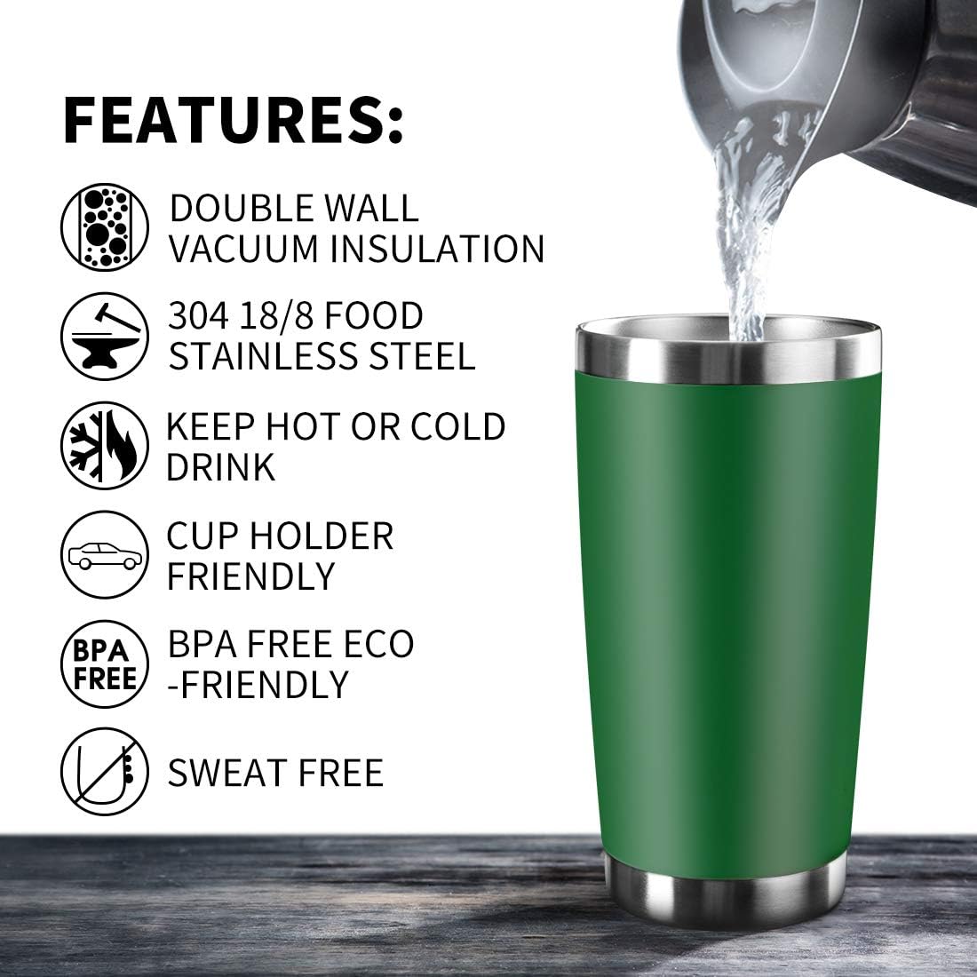 20oz Tumbler Bulk Stainless Steel Vacuum Insulated Tumblers with Lid Double Wall Travel Mug, Powder Coated Coffee Cup, Suitable for Ice Drinks and Hot Beverage (Dark green 6pack)