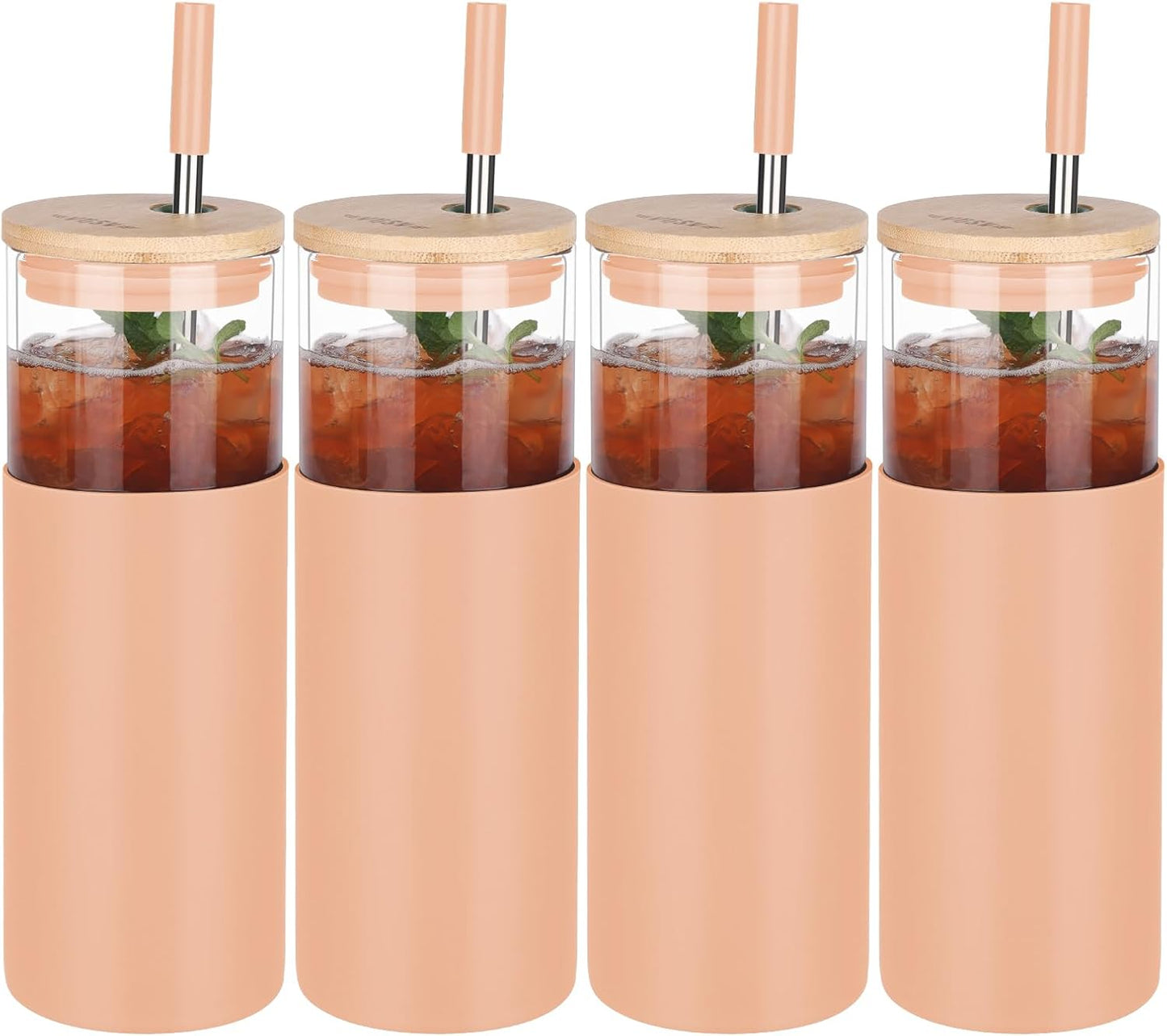 Glass Tumbler w/Lids & Straw:24oz Reusable Mug w/Bamboo Lid,Stainless Steel Straw, BPA-Free, Leak-Proof, Dishwasher Safe for Coffee, Smoothies, Hot Beverages,Travel,Office,Home Use,4-PK,Amber