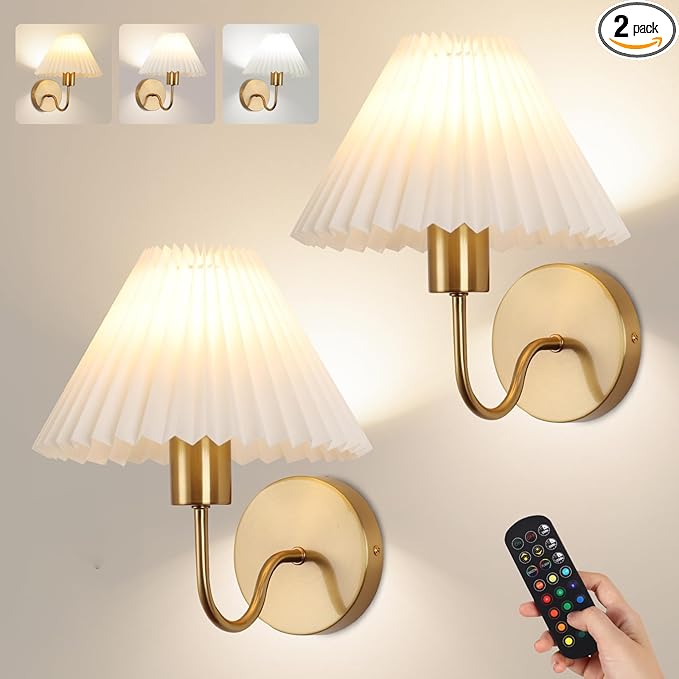 Wireless Wall Sconce Sets of 2, Pleated Shades Rechargeable Battery Operated by KELUOLY