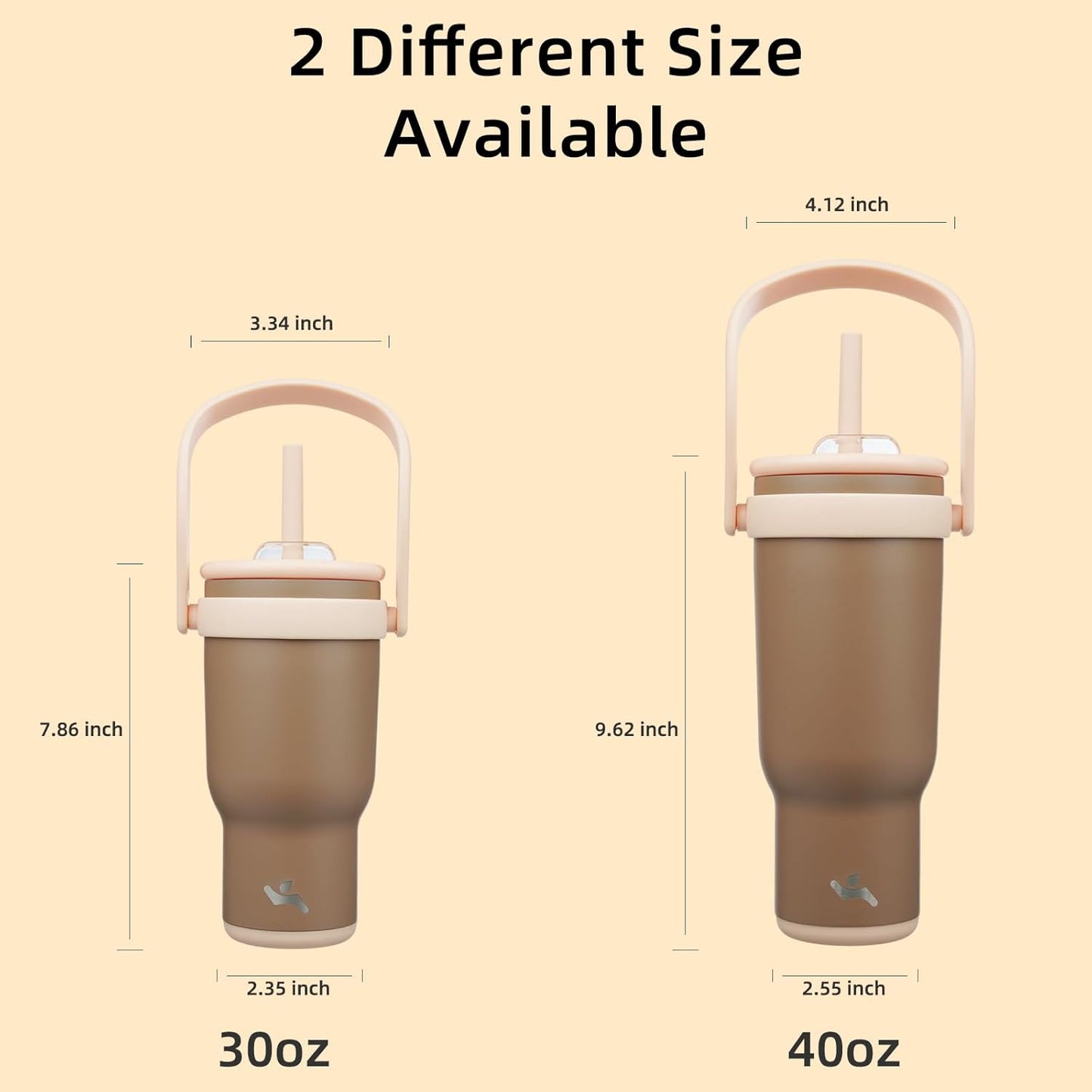 40 oz Tumbler with Side Handle, Insulated Water Bottle with Straw and 2 in 1 Lid, Stainless Steel Cup Travel Coffee Mug for Sports Office Gym,Brown