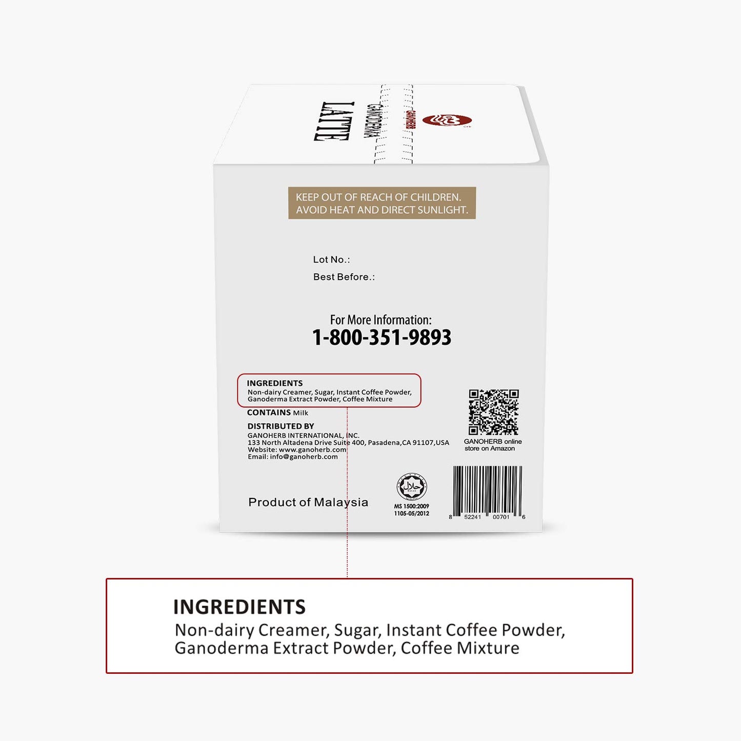 GANOHERB Reishi Mushroom Latte Coffee Powder, 4 in 1 Instant Arabica Coffee with Organic Ganoderma Lucidum Extract to Improve Appetite Stress Relief, Rich Taste Excellent Flavor, 11.1oz (15 Count)