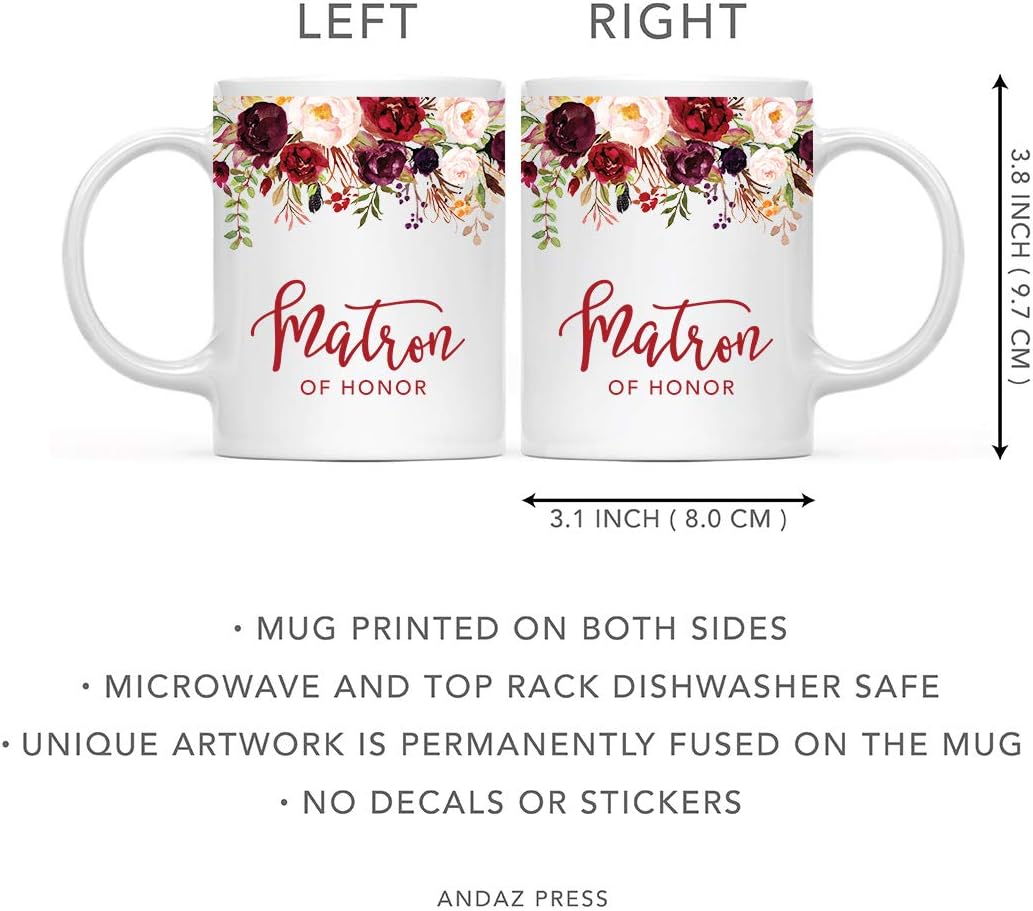 Andaz Press 11oz. Wedding Ceramic Coffee Tea Mug Gift, Fall Autumn Marsala Burgundy Flowers Roses Florals, Matron of Honor, 1-Pack, Includes Gift Box