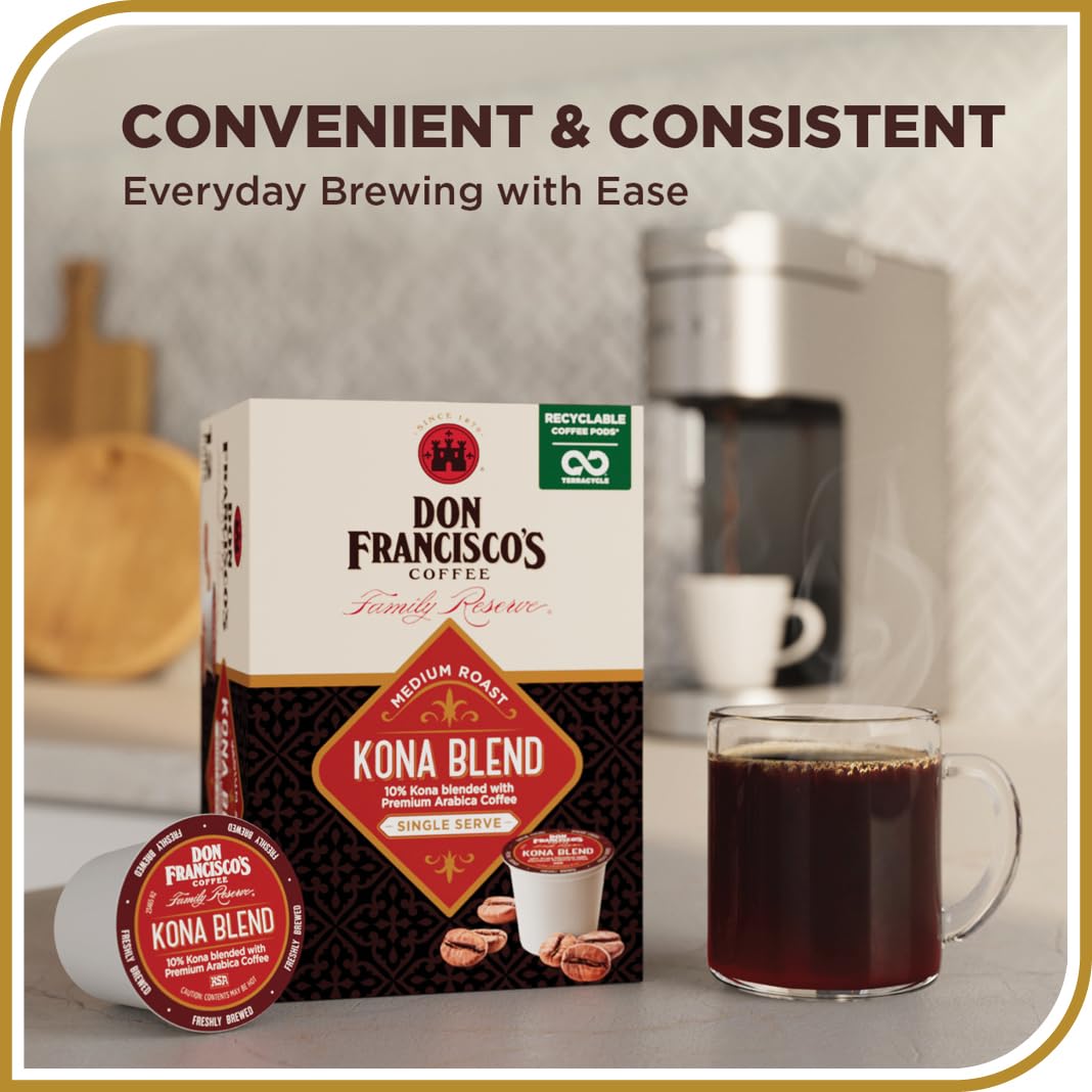 Don Francisco's Kona Blend Coffee - 24 K-Cup Compatible Single-Serve Pods - 10% Hawaiian - Recyclable through TerraCycle - Compatible with Keurig Brewers