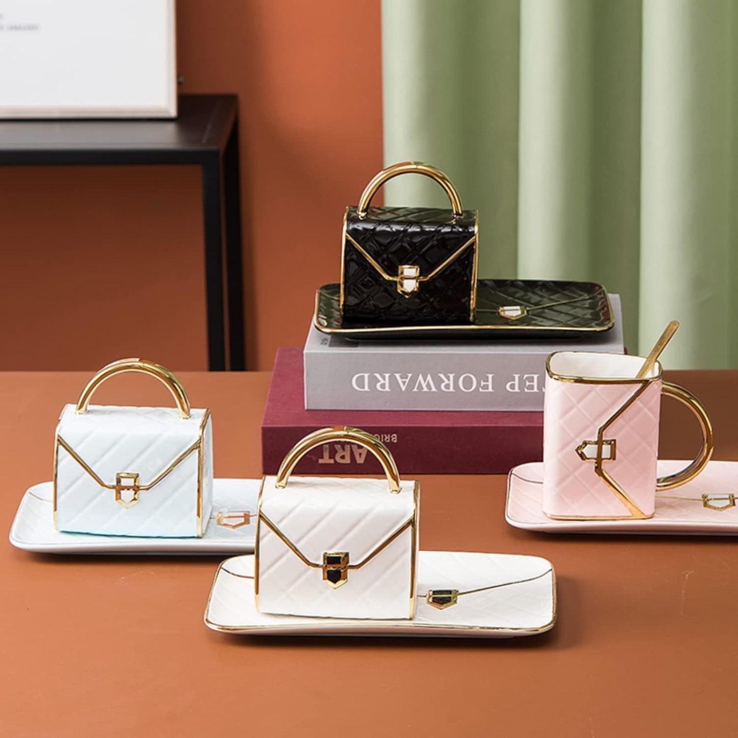 YnsfreeCeramic Purse Coffee Mugs Set Tea Cup Unique Bag shaped mug and Saucer Set with Spoon and Saucer For Women Thanksgiving Christmas Gifts (Pink)