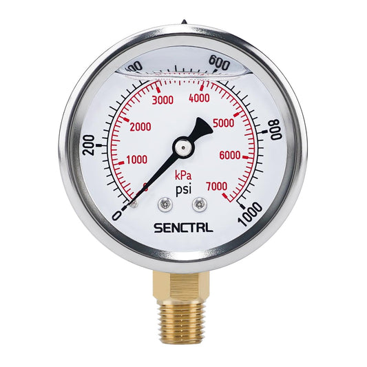 SENCTRL 0-1000 Psi Glycerin Liquid Filled Pressure Gauge, 2.5" Dial Size, 1/4" NPT Lower Mount, Stainless Steel Case, for Air Gas Water Oil Hydraulic Pressure Test