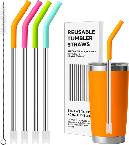 Metal Straws with Silicone Tip for 20 oz YETI Tumbler, 4 Pcs Reusable Stainless Steel Straws for 20 oz Stanley Cup and 16 oz Glass Cups(Color 4)