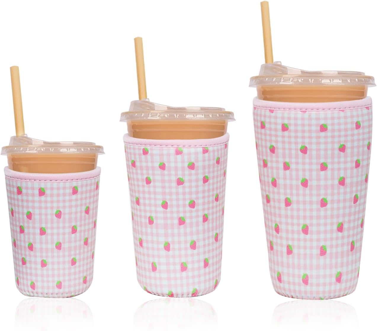 Reusable 3-Pack Iced Coffee Cup Sleeve, Insulated Neoprene, Beverage Holder for Iced Coffee, Durable Drink Sleeve for Cold Beverages, Strawberry Grid