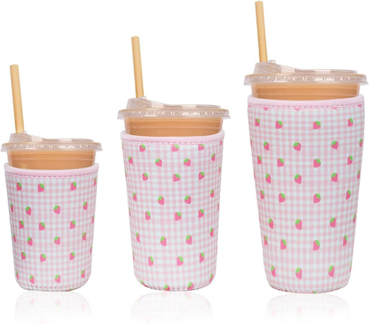Reusable 3-Pack Iced Coffee Cup Sleeve, Insulated Neoprene, Beverage Holder for Iced Coffee, Durable Drink Sleeve for Cold Beverages, Strawberry Grid