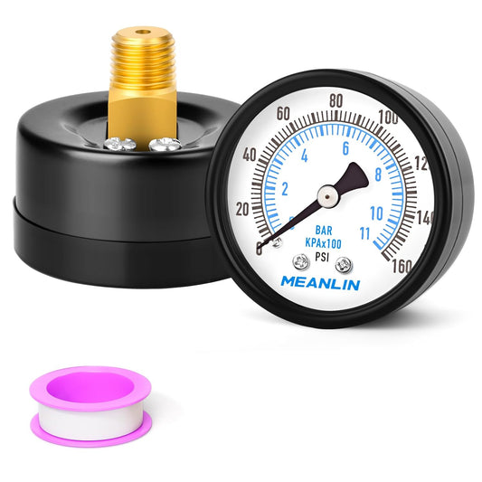 MEANLIN MEASURE 0-160Psi Well Pump Pressure Gauge 1/4" NPT 2" FACE DIAL for Air Compressor RV Regulator Water Pressure Tester Back Mount, with Teflon Tape