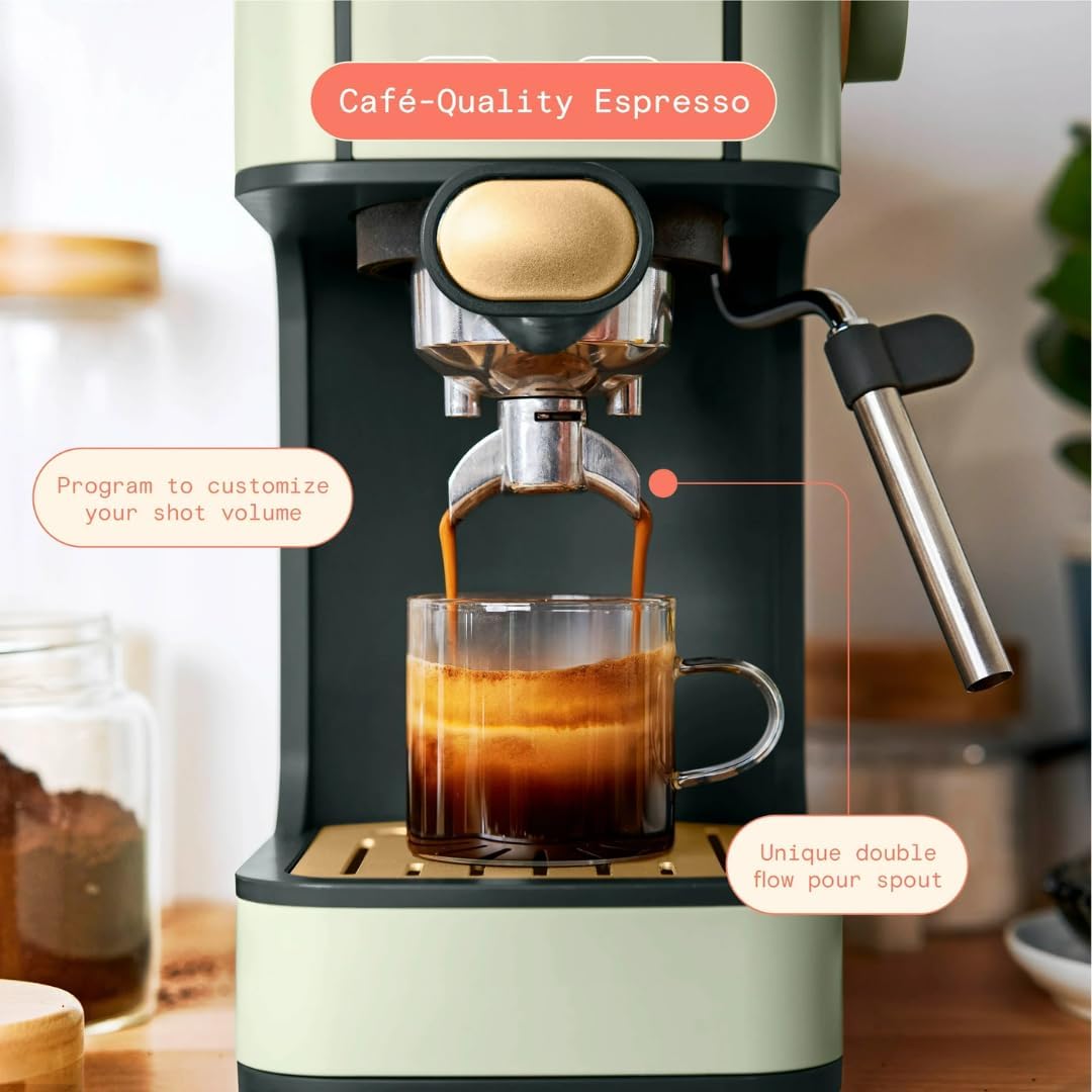 Beautiful Slim Espresso Maker by Drew Barrymore – 20‑Bar Pressure, Dual‑Spout 52 mm Portafilter, 50 oz Removable Tank, 2‑in‑1 Steam Wand & Touch Controls (Sage Green)