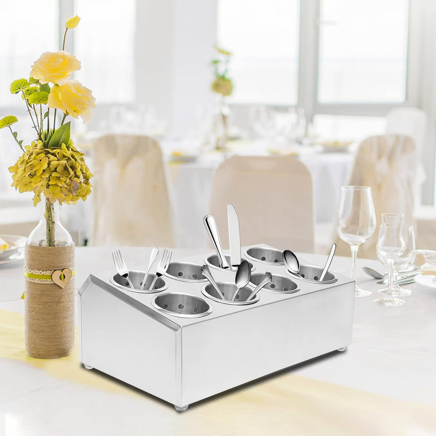 Stainless Steel Flatware Utensil Holder, Commercial 8-Hole Cylinder Silverware Organizer for Countertop Restaurant