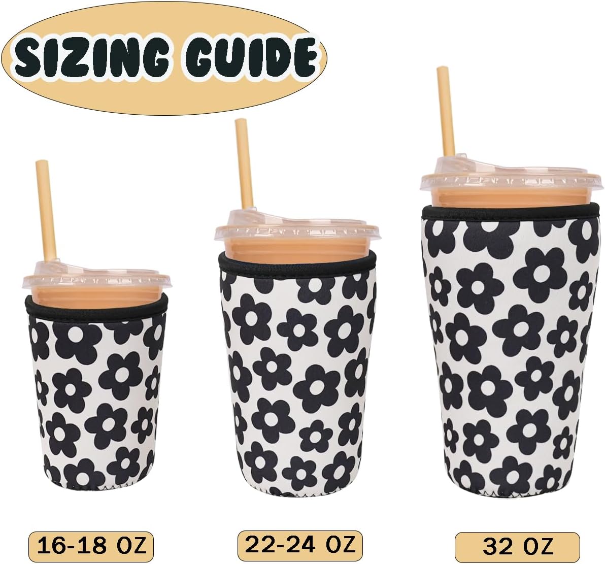 Reusable Insulated Neoprene Iced Coffee Cup Sleeve, Durable Drink Sleeve for Cold Beverages, Beverage Holder for Iced Coffee, Black Flowers