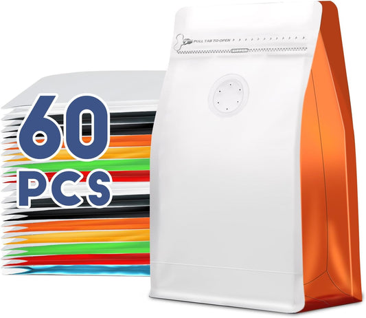 Coffee Bags with Valve(60pcs,8 oz,1/2 lb) Vented Coffee Beans Packaging Bags High Barrier Aluminumed Foil Flat Bottom Heat Sealed Side Zipper Resealable Storage Bag for Home or Business（White+Orange）
