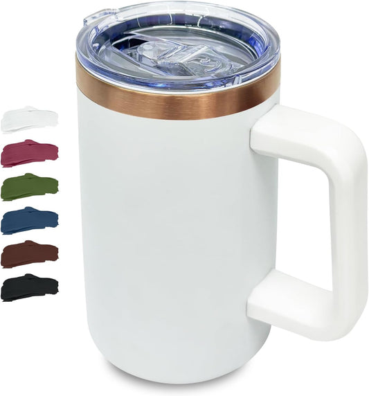 20 oz Insulated Coffee Mug with Lid, Stainless Steel Coffee Tumbler Bulk, Double Wall Vacuum Travel Mug with Handle, Leakproof Powder Coated Coffee Cups for Hot and Cold Drinks (White,1 pack)